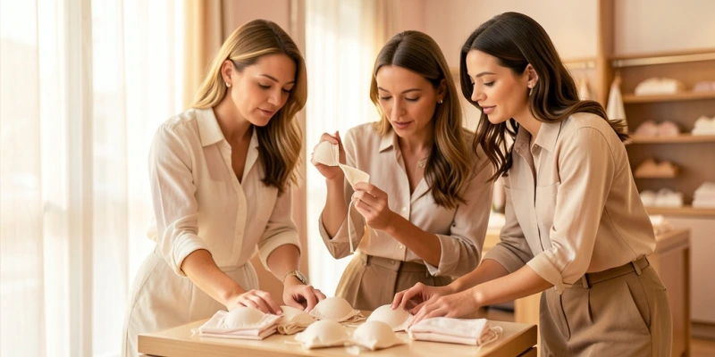 Detailansicht zweier Cup-Materialien nebeneinander – links strukturierter, fester Stoff mit sichtbarer Gewebedichte, rechts weiches Spitzengewebe mit Dehnfalten unter Zug, Materialvergleich