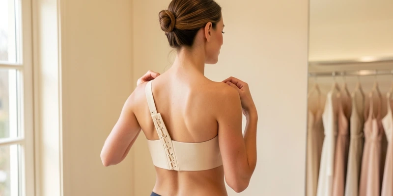 Detailaufnahme eines BH-Bandes von hinten – links ein mehrlagiges gewebtes Band mit drei Hakenreihen, rechts ein schmales gestricktes Band mit zwei Reihen – Vergleich der Materialstruktur und Hakenanzahl