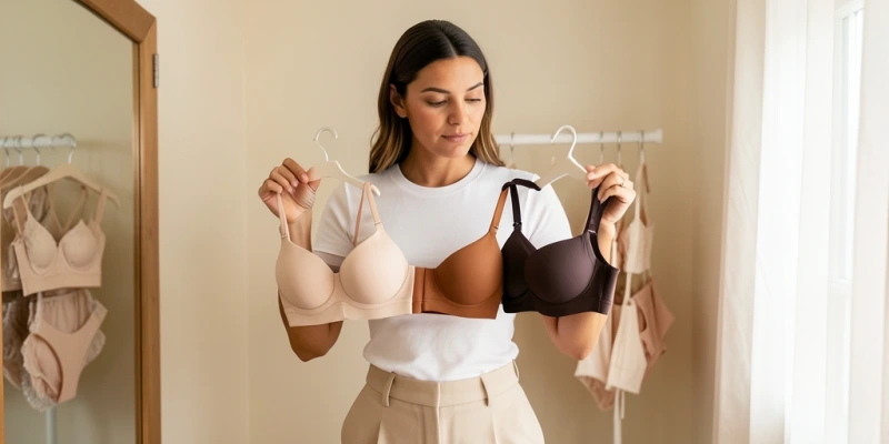 Drei BHs nebeneinander in hellem Beige, mittlerem Braun und tiefem Dunkelbraun – darunter jeweils ein weißes T-Shirt, das zeigt, wie unterschiedlich stark sich jede Farbe je nach Hautton abzeichnet