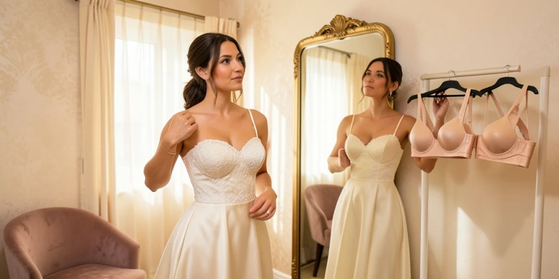 Drei Brautkleider von vorne und hinten: Herzausschnitt mit normalem Träger-BH, tiefer V-Ausschnitt mit Plunge-BH, rückenfreies Kleid mit tiefem Rücken-BH – Passformvergleich welcher BH wo sichtbar wäre