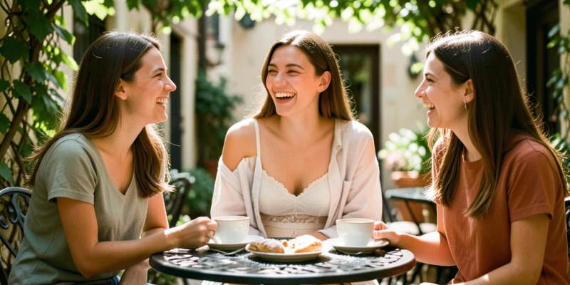 Drei-Viertel-Ansicht einer jungen Frau, die einen hellen Bralette trägt. Beide Träger vollständig sichtbar, Unterbrustbündchen klar erkennbar, Bralette liegt glatt an ohne Falten oder Lücken. Keine Cups wölben sich ab, kein Stoff faltet.