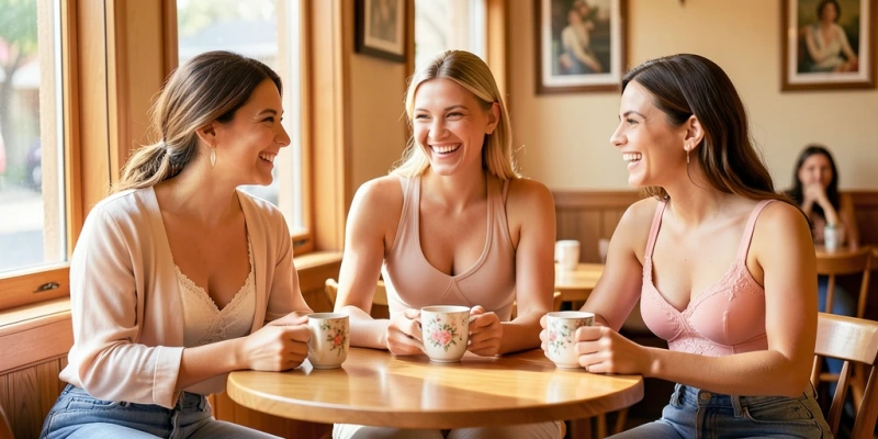 Drei vollständige BH-Modelle nebeneinander – klassischer Bügel-BH mit breitem Band, Sport-BH mit breiten Trägern und Racerback, Bustier-Top mit integriertem BH – alle frontal, mit Blick auf Band, Träger und Cup-Konstruktion