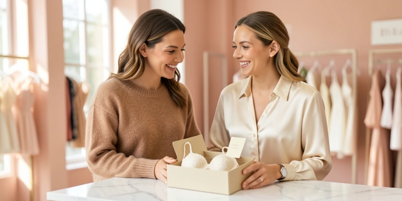 Ein Bralette aus Spitzenmaterial liegt gefaltet in einer Geschenkbox, daneben ein Gutschein – Gesamtansicht des Geschenks, BH vollständig sichtbar mit beiden Trägern