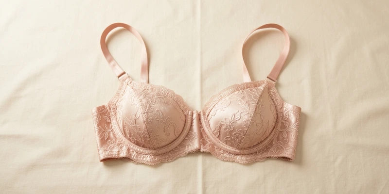 Flache Lay-Ansicht eines vollständigen BHs mit beiden Trägern, Verschluss und Cups – schlicht und klar ausgeleuchtet, keine Körperteile sichtbar, als wäre er für eine Sprachlektion ausgebreitet