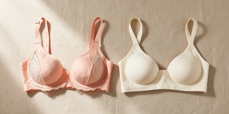 Frontalansicht zweier BHs nebeneinander – links ein Bügel-BH mit sichtbarer Bügelkonstruktion, rechts ein weicher Bustier-BH ohne Bügel, beide vollständig abgebildet mit Trägern, zur Passform-Gegenüberstellung