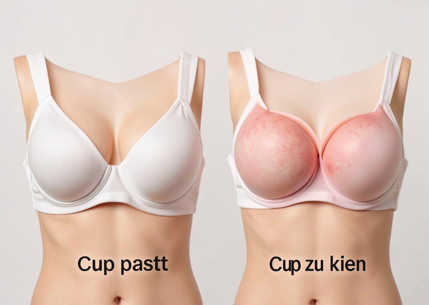 Frontansicht, Cup-Vergleich: links – Brust sitzt vollständig im Cup, kein Gewebe tritt seitlich aus; rechts – seitliches Brustgewebe quillt über den Cup-Rand, Delle im Gewebe sichtbar. Beschriftung: „Cup passt" vs. „Cup zu klein"