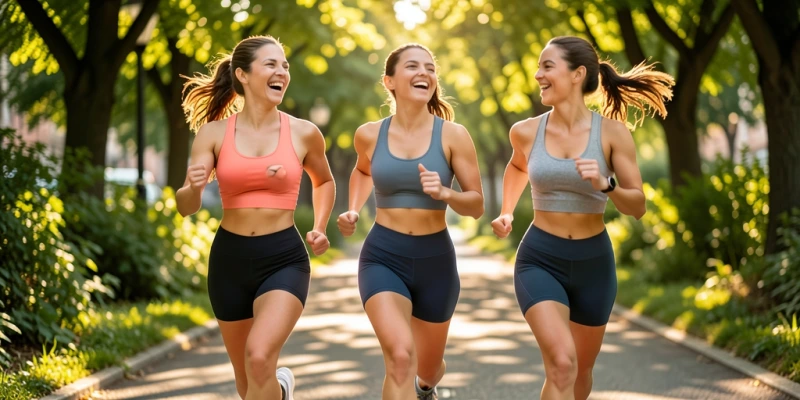 Frontansicht einer Frau im Sport-BH beim Laufen – beide Träger vollständig sichtbar, BH liegt flach am Körper an, keine seitlichen Überläufe. Bewegungsstudie-Illustration: Bewegungsachsen der Brust beim Laufen eingezeichnet.
