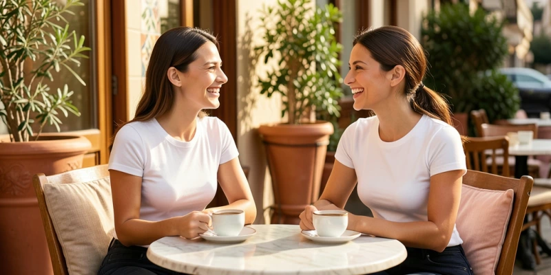 Frontansicht einer Frau im weißen engen T-Shirt – links mit sichtbaren Cup-Nähten und Rand-Abdruck, rechts mit nahtlosem BH darunter, vollständig glatte Silhouette. BH-Träger vollständig sichtbar.