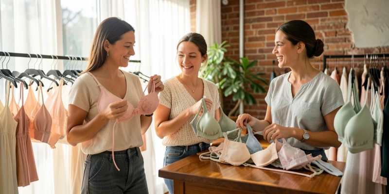 Frontansicht eines BHs mit herausnehmbaren Cups – ein Pad liegt neben dem BH, das andere sitzt noch im Cup, beide Träger vollständig sichtbar, keine Brust dargestellt