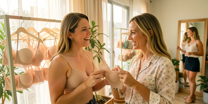 Frontansicht: Mittelteil eines BHs liegt flach auf dem Brustbein auf (links) vs. Mittelteil hebt sich ab und drückt nach vorne weg (rechts)
