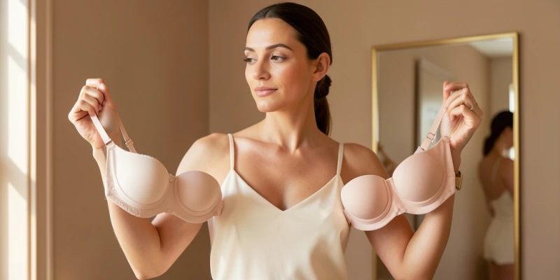 Frontansicht zweier BH-Typen nebeneinander – links ein klassischer Bügel-BH mit sichtbaren Trägern und Rückenverschluss, rechts ein Bustier mit breitem Rücken und Frontverschluss – Passformvergleich auf einem Torso
