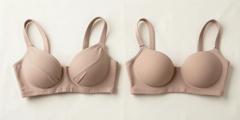 Frontansicht zweier BHs nebeneinander – links ein BH mit genähten Cups, rechts ein nahtloser BH mit geformten Schaumstoff-Cups. Beide vollständig sichtbar inklusive Träger und Band. Vergleich der Oberflächenstruktur.