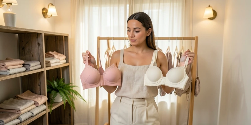 Frontansicht zweier BHs nebeneinander – links ein Soft-BH ohne Bügel mit sichtbaren Cup-Nähten, rechts ein klassischer Underwire-BH mit Bügel; beide Träger vollständig sichtbar, vollständige BHs