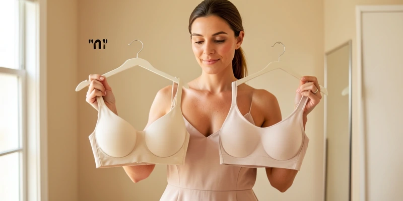 Frontansicht zweier BHs nebeneinander – links nahtloser Molding-BH mit deutlicher vorgeformter Rundschale, rechts nahtloser BH aus weichem Stretch-Gewebe ohne Vorformung – Vergleich der Cup-Struktur