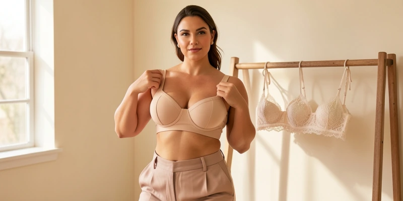 Frontansicht zweier Bralettes nebeneinander – links ein schmaler, dekorativer Spitzen-Bralette mit dünnen Trägern, rechts ein strukturierter Bralette mit breiten Trägern, gefütterten Cups und breitem Unterband – Passform- und Konstruktionsvergleich