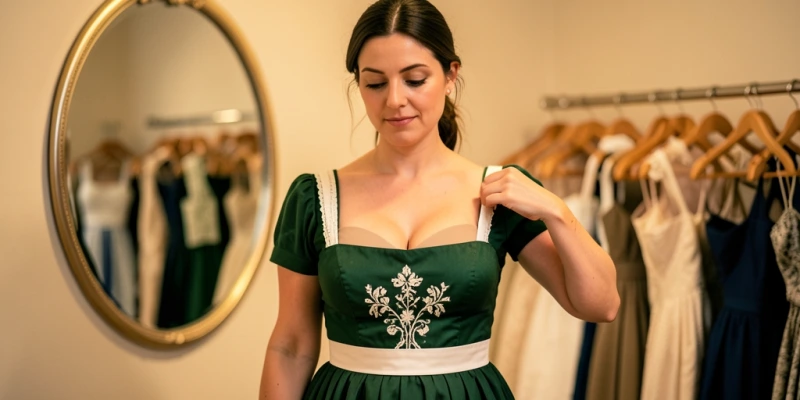 Frontansicht zweier Frauen im Dirndl – links mit T-Shirt-BH, Ausschnitt wirkt flach und unausgefüllt; rechts mit Dreiviertel-Cup-BH, Ausschnitt gleichmäßig gefüllt, Brust sichtbar nach oben gehoben – Passformvergleich