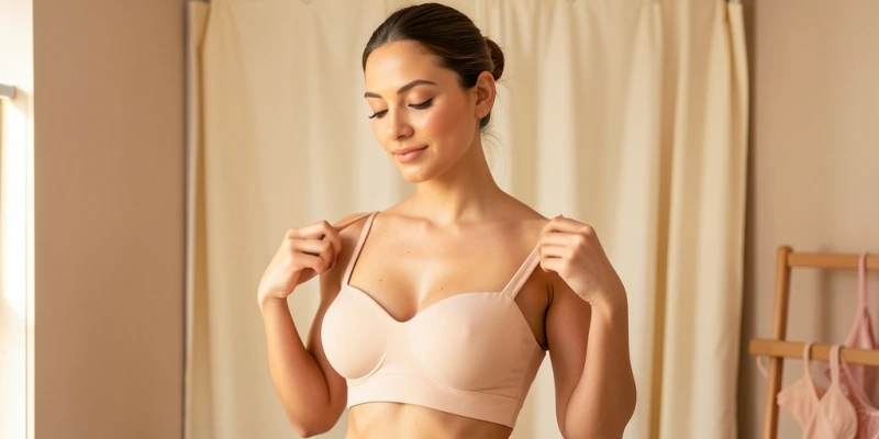Frontansicht zweier Frauen mit gleichem BH-Typ – einmal Cup B mit Push-up-Effekt (Brust angehoben, Dekolleté sichtbar geformt), einmal Cup E mit sichtbar zu kleinem Cup (Brust quillt oben heraus, kein Anheben) – Passformvergleich