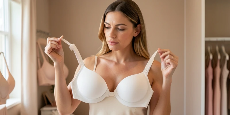 Frontansicht zweier vorgeformter Cups – links liegt der Cup flach an der Brust an, rechts steht der Schaumrand sichtbar vom Körper ab, Brust drückt den Cup nach vorn – Passformvergleich