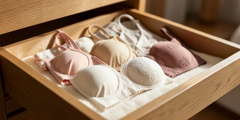 Fünf BHs ordentlich gefaltet in einer Schublade, alle vollständig sichtbar mit beiden Trägern, verschiedene Farben und Schnitte – als Illustration einer sinnvollen Rotation