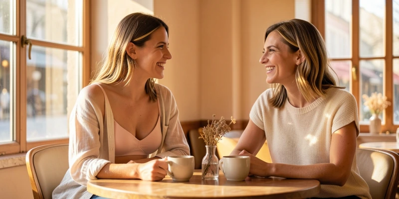 Ganzkörper-Seitenansicht einer Frau mit korrekt sitzendem BH – Band liegt horizontal parallel zum Boden, beide Träger vollständig sichtbar, Cups ohne Spannungsfalten – als Referenz für optimalen Sitz unabhängig von der Zyklustag
