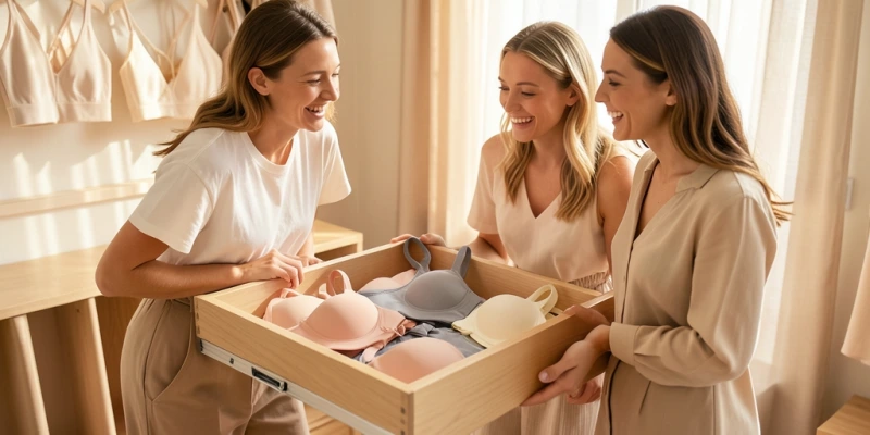 Geöffnete Schublade mit übersichtlich sortierten BHs – drei Alltags-BHs, ein Sport-BH mit breiten Trägern, ein BH mit tief ausgeschnittenem Rücken; alle vollständig sichtbar, Träger beidseitig erkennbar