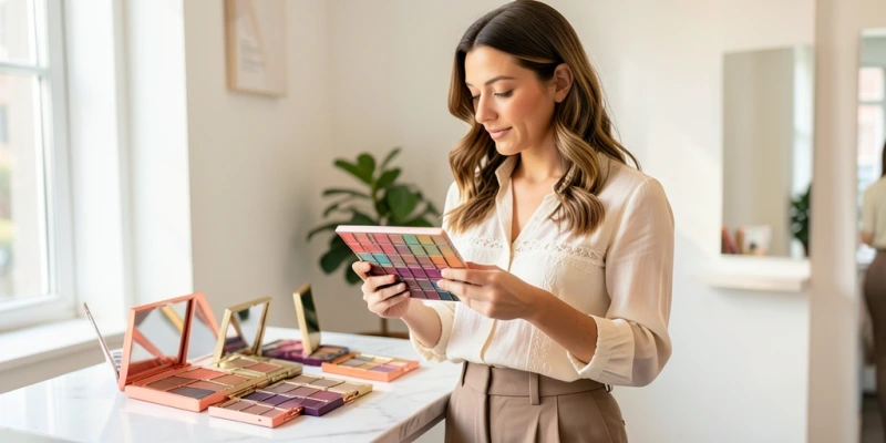 Mehrere bunte Lidschattenpaletten nebeneinander auf einer hellen Oberfläche – Produktfoto im Stil günstiger US-Kosmetikmarken, keine Markenlogos sichtbar
