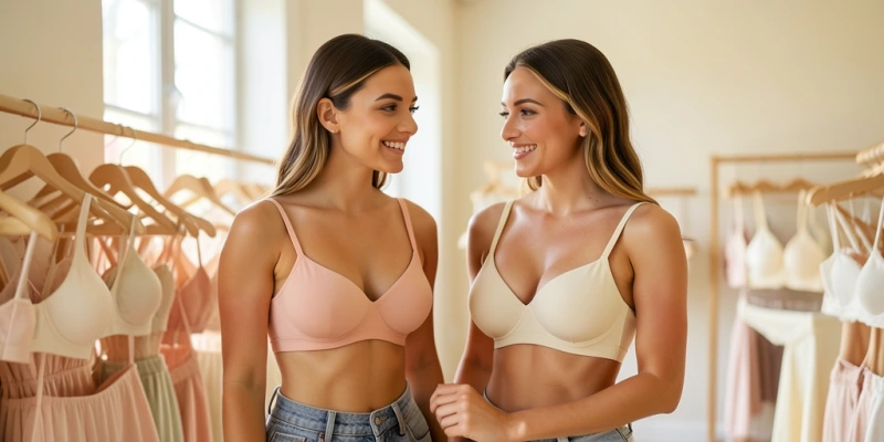 Nahaufnahme Bügel-Sitz: links ein zu schmaler Bügel, der seitlich in die Brustbasis schneidet – rechts ein breit geschwungener Bügel, der flach am Brustkorb anliegt, beide BHs vollständig sichtbar mit Trägern