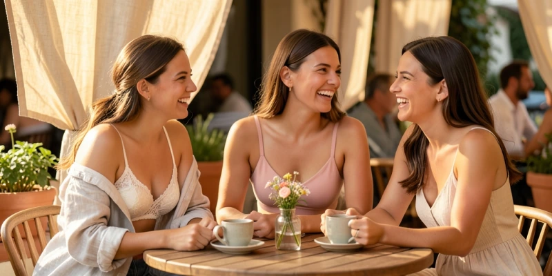 Nahaufnahme Unterbrustbereich – links ein Bralette aus Spitzenstoff mit schmalem Band, rechts ein Bralette mit breitem elastischem Band aus Jersey. Beide Modelle vollständig sichtbar mit beiden Trägern.