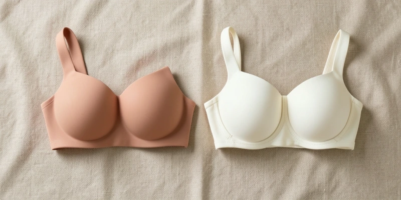 Nahaufnahme zweier BH-Cups nebeneinander – links nahtloser Schaumstoff-Cup mit glatter Außenfläche, rechts Cup mit sichtbaren Außennähten; Vergleich der Oberflächenstruktur