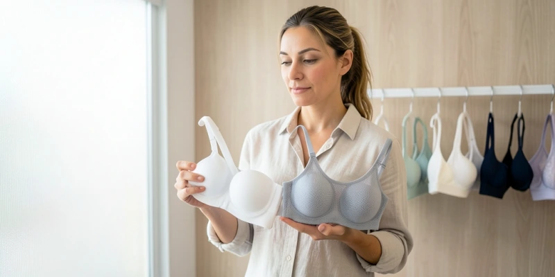 Nahaufnahme zweier BH-Innenseiten im Vergleich – links Baumwollgewebe, rechts Funktionsfaser-Mesh: Unterschied in Gewebestruktur und Luftdurchlässigkeit sichtbar, beide BHs vollständig gezeigt