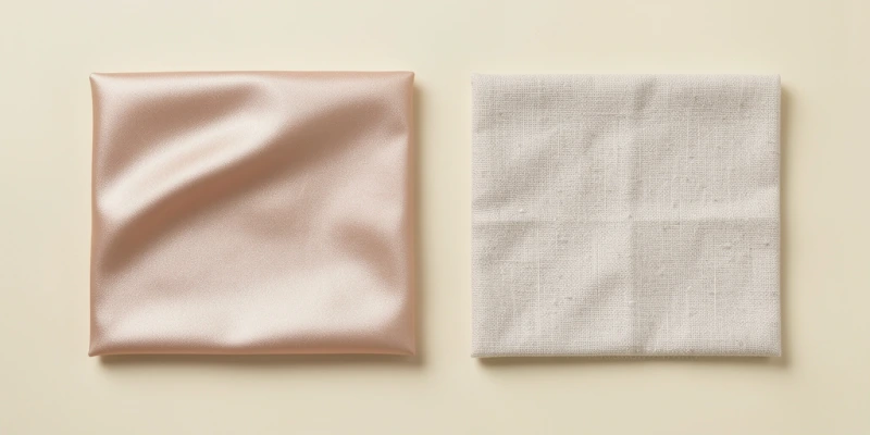 Nahaufnahme zweier BH-Stoffe nebeneinander – links ein Polyamidgewebe mit glatter, eng verwobener Struktur, rechts ein Baumwollstoff mit sichtbar gröberer Textur – Materialvergleich Feinheit und Oberflächenstruktur