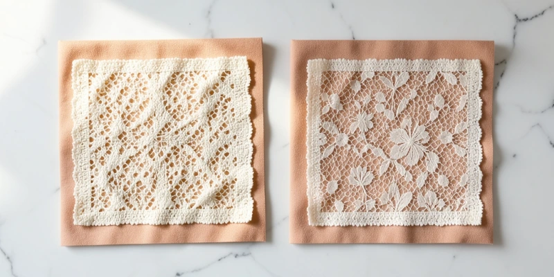 Nahaufnahme zweier Spitzenstücke nebeneinander – links grob strukturierte Polyester-Spitze mit sichtbaren harten Kanten, rechts weiche Modal-Spitze mit feinerem Muster, beide auf Haut liegend zum Vergleich
