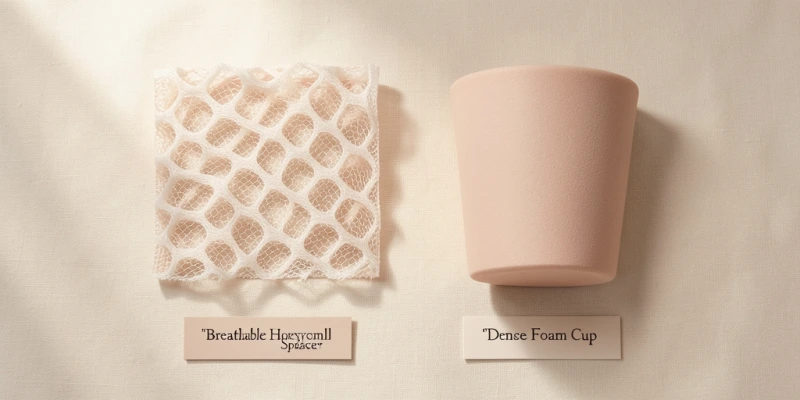 Querschnitt durch Spacer-Material im Vergleich zu einem Schaumstoff-Cup: links die offene, dreidimensionale Wabenstruktur des Spacer-Gewebes mit sichtbarem Luftraum in der Mitte, rechts der geschlossene, kompakte Schaumstoff – Materialvergleich von der Seite