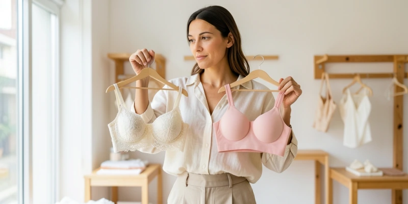 Querschnitt zweier BH-Cups nebeneinander: links ungefütterter Spitzenstoff, dünn und luftdurchlässig – rechts gepolsterter Cup mit sichtbarer Schaumstoffeinlage, Feuchtigkeit als blaue Markierung tief im Material eingeschlossen