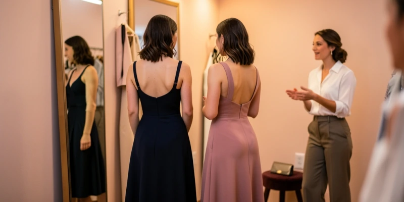 Rückenansicht einer Frau im Cocktailkleid mit tiefem Rückenausschnitt: links mit sichtbarem BH-Band das aus dem Ausschnitt herausragt, rechts mit tief sitzendem Rücken-BH der vollständig bedeckt ist – Passformvergleich