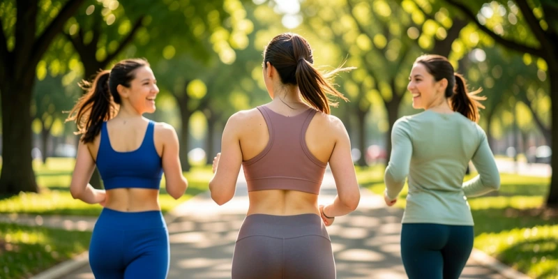 Rückenansicht einer Frau im Sport-BH beim Laufen – Band liegt horizontal und flach am Rücken an, Träger verlaufen parallel und ohne Einschneiden über die Schultern. Vollständiger BH sichtbar.