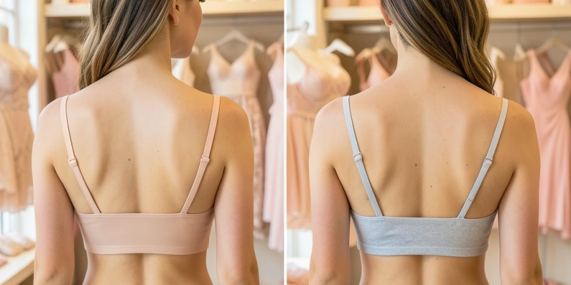 Rückenansicht einer Frau mit BH: links ein Band, das parallel zum Boden verläuft und flach aufliegt – rechts ein Band, das nach oben wandert und hinten höher sitzt als vorn. Beide Träger vollständig sichtbar, kompletter BH im Bild.