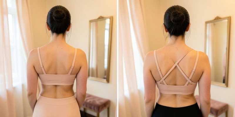 Rückenansicht einer Frau mit korrekt sitzendem BH-Band – waagerecht, flach anliegend – im Vergleich zu einem nach oben gewanderten Band, das schräg über den Rücken zieht