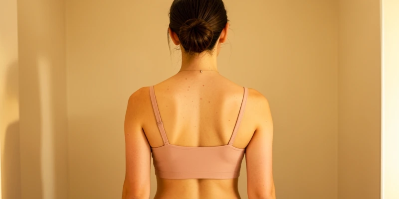 Rückenansicht einer Frau mit korrekt sitzendem BH-Band (gerade, auf Höhe der Schulterblätter) im Vergleich zu einem zu weit sitzenden Band, das nach oben wandert – Passformvergleich von hinten, vollständiger BH sichtbar