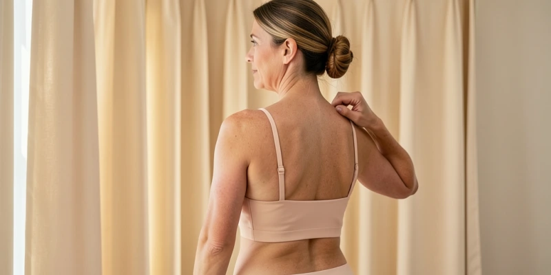 Rückenansicht einer Frau mit zwei verschiedenen BH-Bands: links ein zu enges Band, das ins Gewebe einschneidet und Wülste bildet – rechts dasselbe Modell eine Nummer größer, das flach am Rücken anliegt ohne Faltenbildung