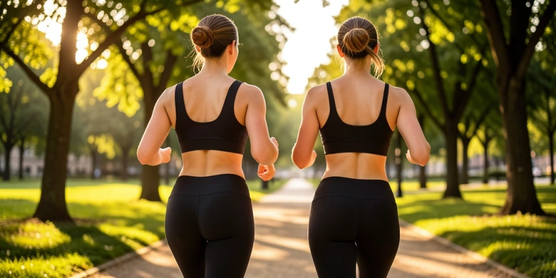 Rückenansicht einer Person im Sport-BH beim Laufen – breite, vollständig sichtbare Träger, das Unterbrustband liegt flach an, kein Hochrutschen – beide Träger und das gesamte Bandstück sichtbar