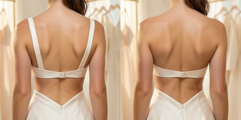 Rückenansicht eines Hochzeitskleides mit tiefem V-Ausschnitt hinten – links mit sichtbarem BH-Verschluss, rechts mit unsichtbarem Rücken-BH, Passformvergleich