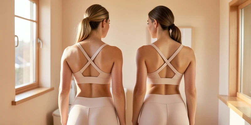Rückenansicht zweier Sport-BHs – einer mit schmalen gekreuzten Trägern (Light Impact), einer mit breiten Y-förmigen Trägern und breitem Band (High Impact). Beide vollständig sichtbar.