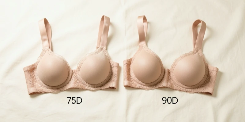 Schematische Darstellung: zwei vollständige BHs nebeneinander – links 75D, rechts 90D – mit eingezeichnetem Cup-Volumen, das beim 90D sichtbar größer ist, obwohl der Buchstabe identisch ist