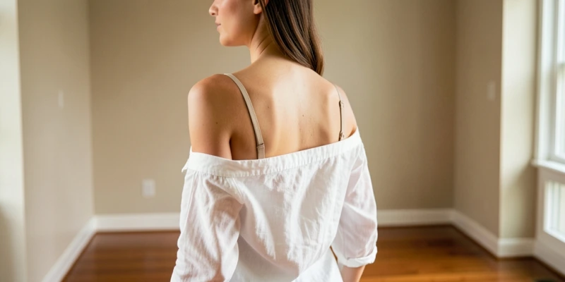 Schulterpartie einer Frau von hinten, weißes Leinenhemd mit sichtbarem beigen BH-Träger auf einer Schulter – alltägliche Situation, neutraler Stil, kein inszenierter Look