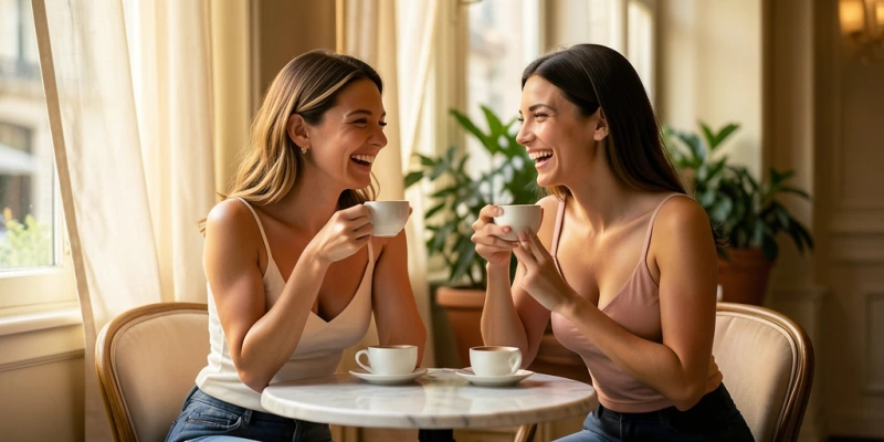 Seitenansicht einer Frau, die einen vollständig sichtbaren, geformten T-Shirt-BH mit glatten Cups trägt – beide Träger vollständig sichtbar, glatte Oberfläche ohne sichtbare Nähte auf den Cups, neutrale Farbgebung