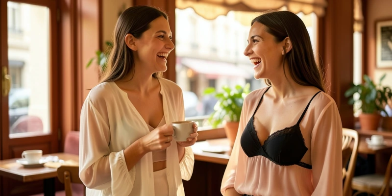 Seitenansicht einer transparenten Chiffon-Bluse über einem vollständig sichtbaren hautfarbenen nahtlosen BH links, und rechts über einem bewusst sichtbar inszenierten schwarzen BH mit schmalem Spitzenrand – zwei verschiedene Intentionen im direkten Vergleich