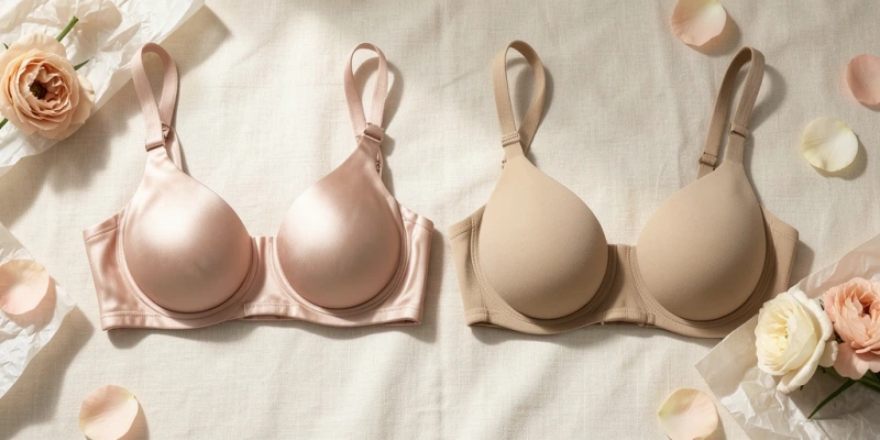 Seitenansicht zweier BHs auf einer ptotischen Brust: Links flacher Push-up-Cup mit abstehendem oberen Rand und Gewebe, das unten herausdrückt – rechts tiefer, vollgefasster Cup, der die Brust komplett umschließt und der Brustwurzel anliegt