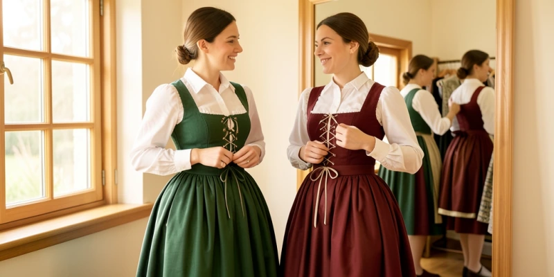 Seitenvergleich – links sitzt ein Dirndl-BH korrekt unter dem Mieder, Cups vollständig verdeckt, Dekolleté gleichmäßig; rechts schaut der Cup-Rand oben aus dem Mieder heraus – Passformvergleich im getragenen Zustand, Dirndlmieder vollständig sichtbar