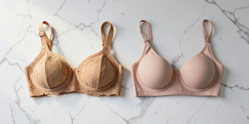 Vergleich zweier BH-Typen nebeneinander – klassischer Bügel-BH mit Träger vollständig sichtbar links, rechts ein nahtloses Bralette in neutraler Farbe, beide vollständig abgebildet, auf weißem Hintergrund